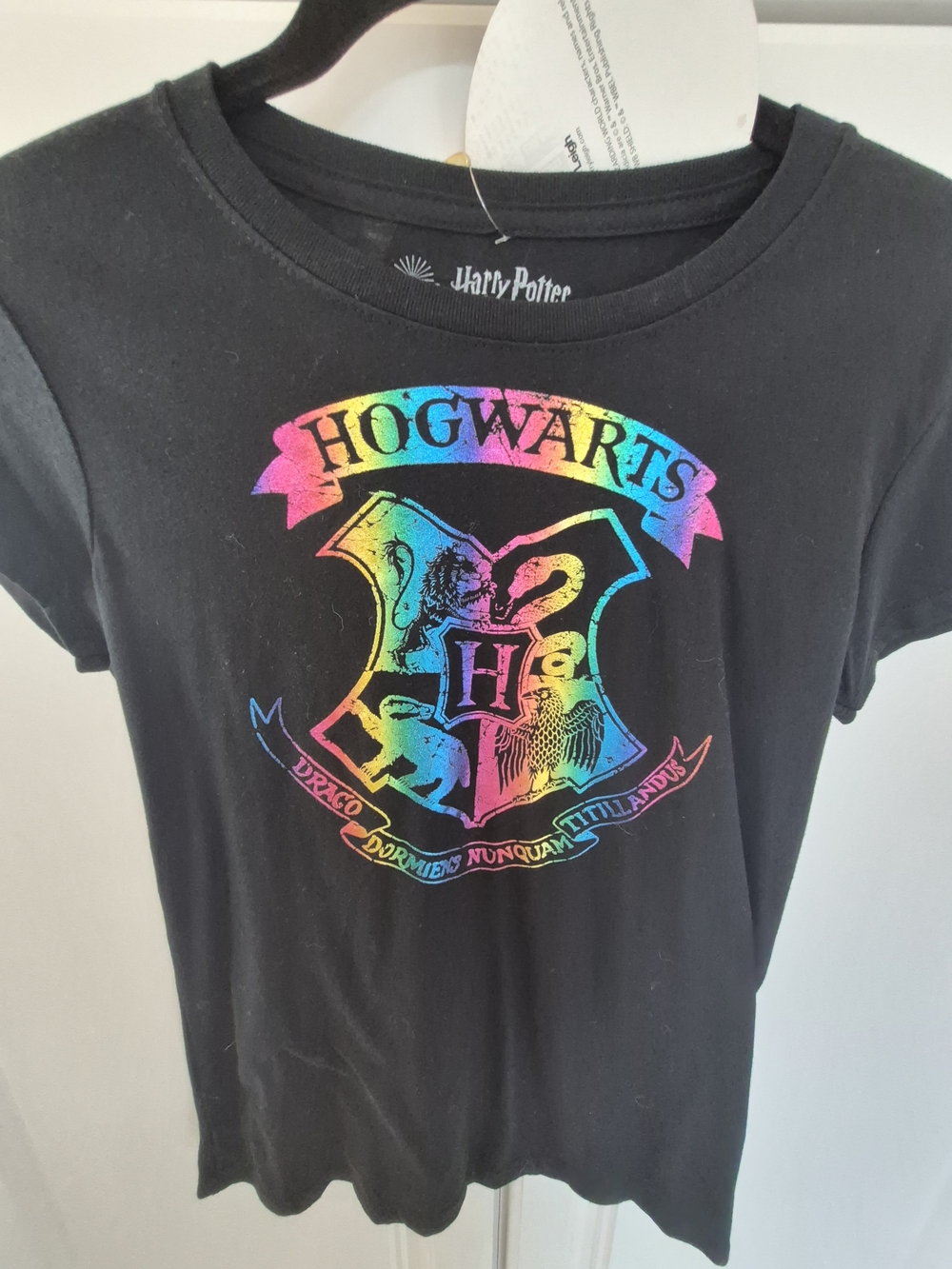 Warner Bros. Black Kids T-Shirt with Rainbow Hogwarts Crest